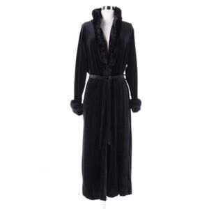Jasmine Rose Signature Intimates Velvet Robe L Black Fur Trim Belted Vintage